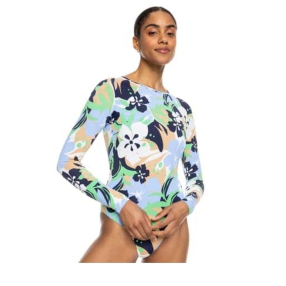 Roxy Womens Long Sleeve One Piece Swimsuit Floral Open Back Rash Guard